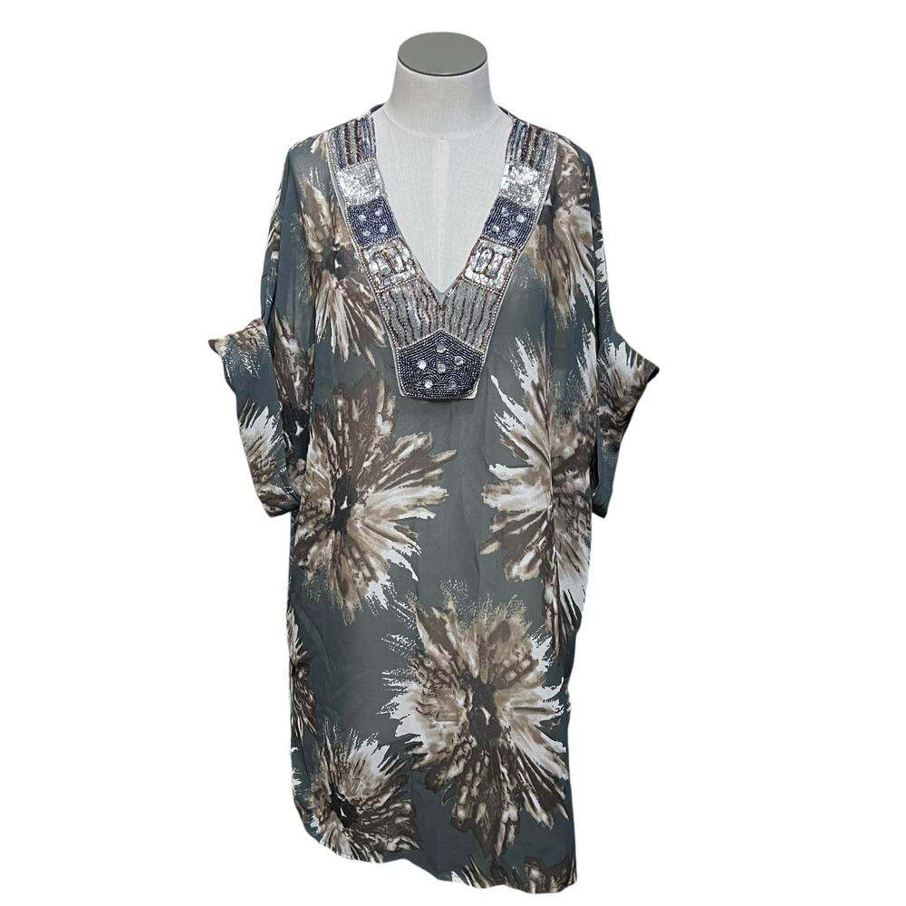 Mix Nouveau Sheer Boho Resort Vacation Floral Sequin Bead Tunic Swim Cover Sz S